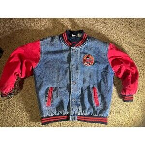 Vintage Disney Store Kids Large Mickey Mouse MVP Jean Bomber Jacket 1928